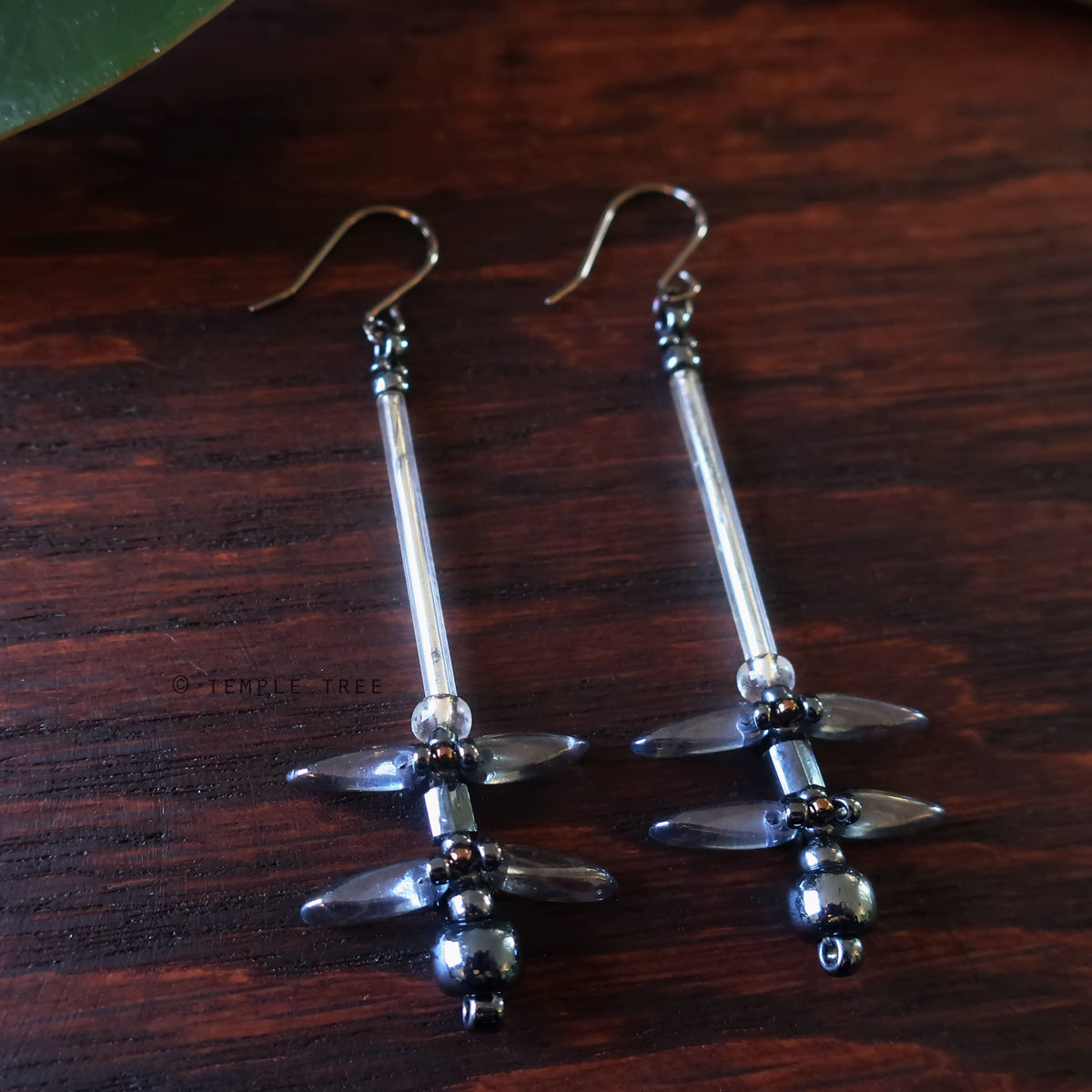 Temple Dragons Beadwoven Dragonfly Earrings by Temple Tree - Grey and Crystal