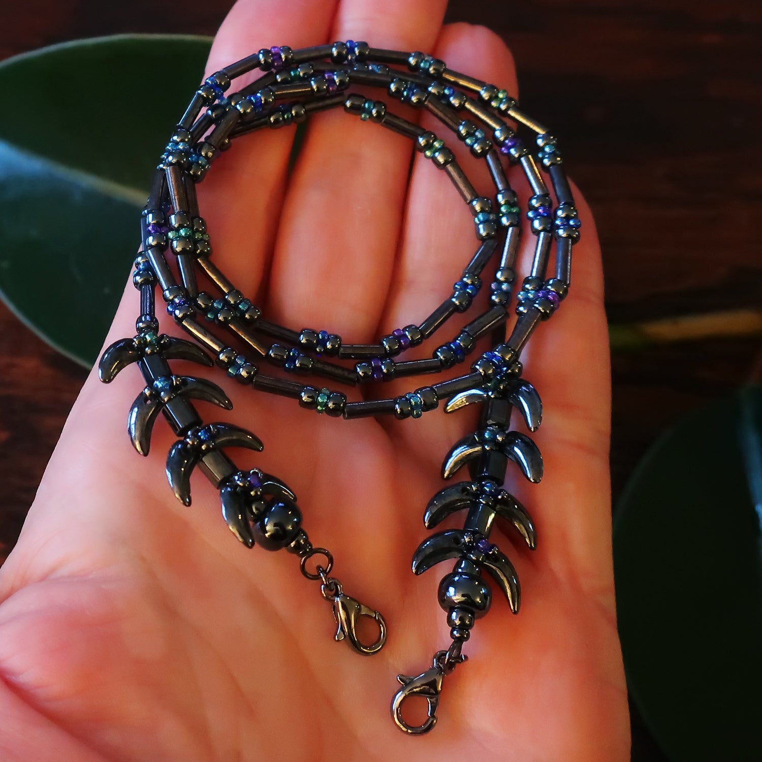 Temple Vine Beadwoven Mask Lanyard by Temple Tree - Grey and Peacock