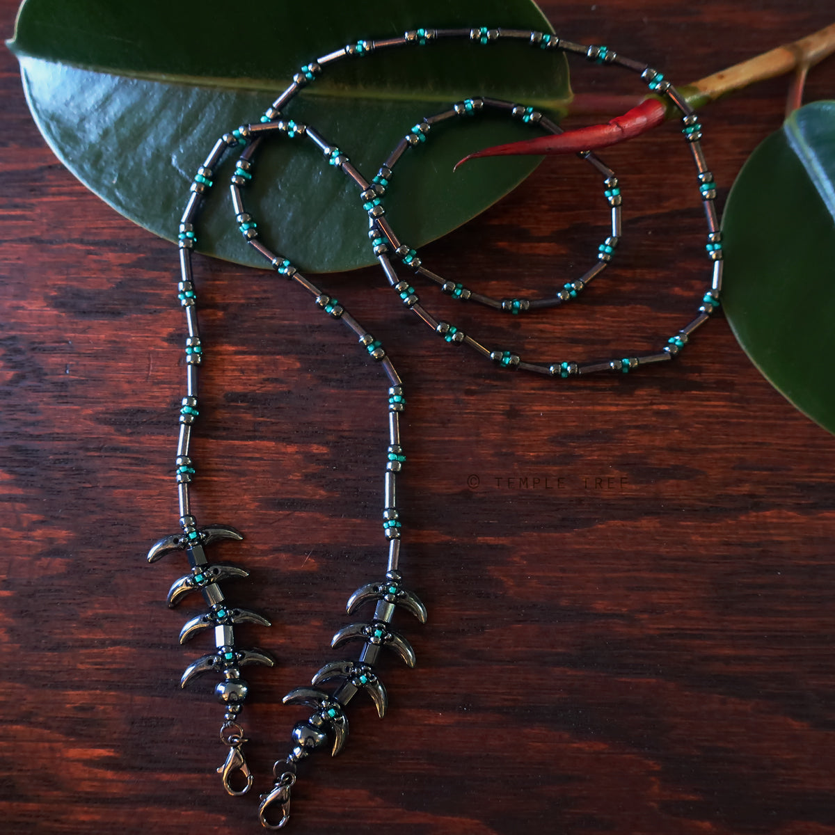 Temple Vine Beadwoven Mask Lanyard by Temple Tree - Grey and Teal