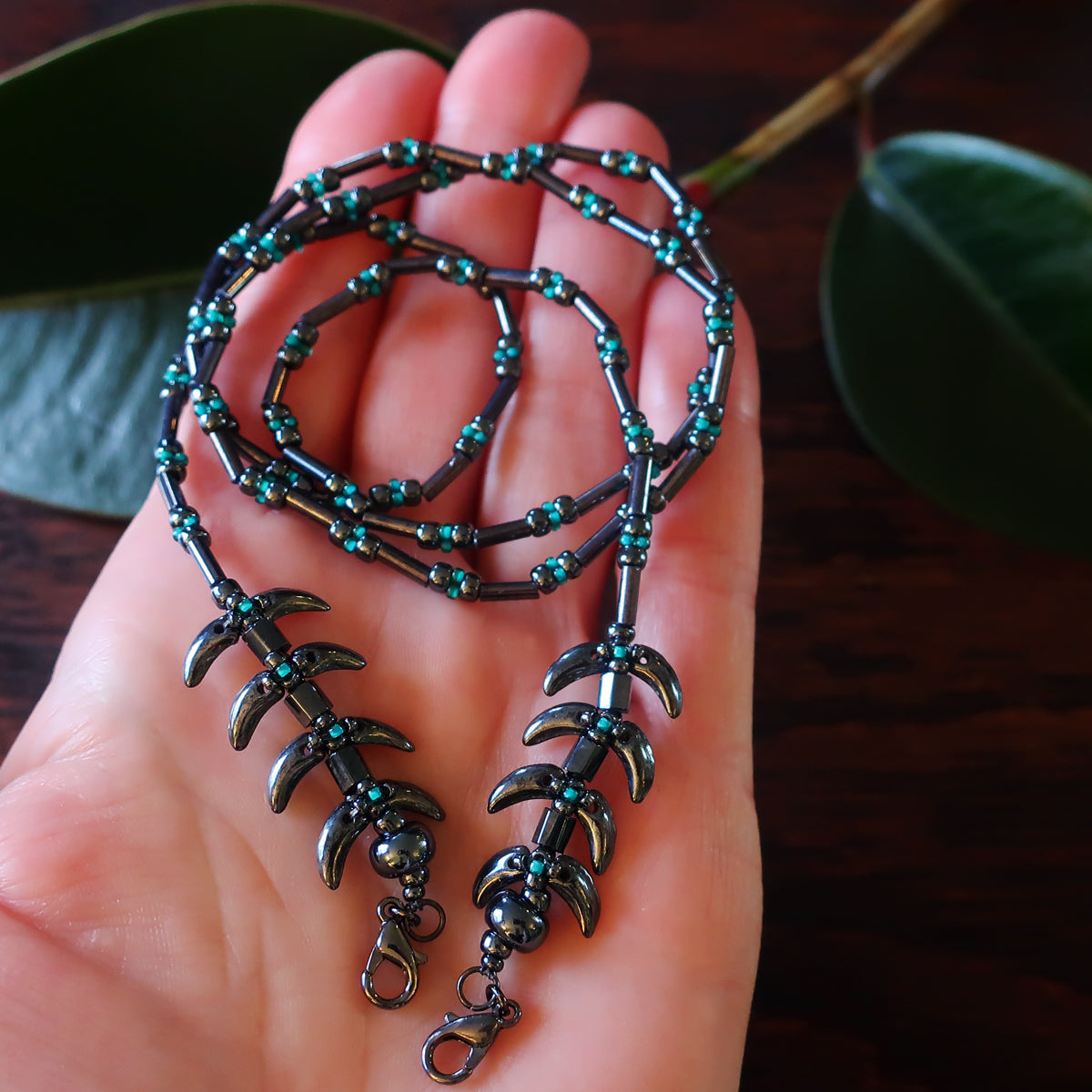 Temple Vine Beadwoven Mask Lanyard by Temple Tree - Grey and Teal