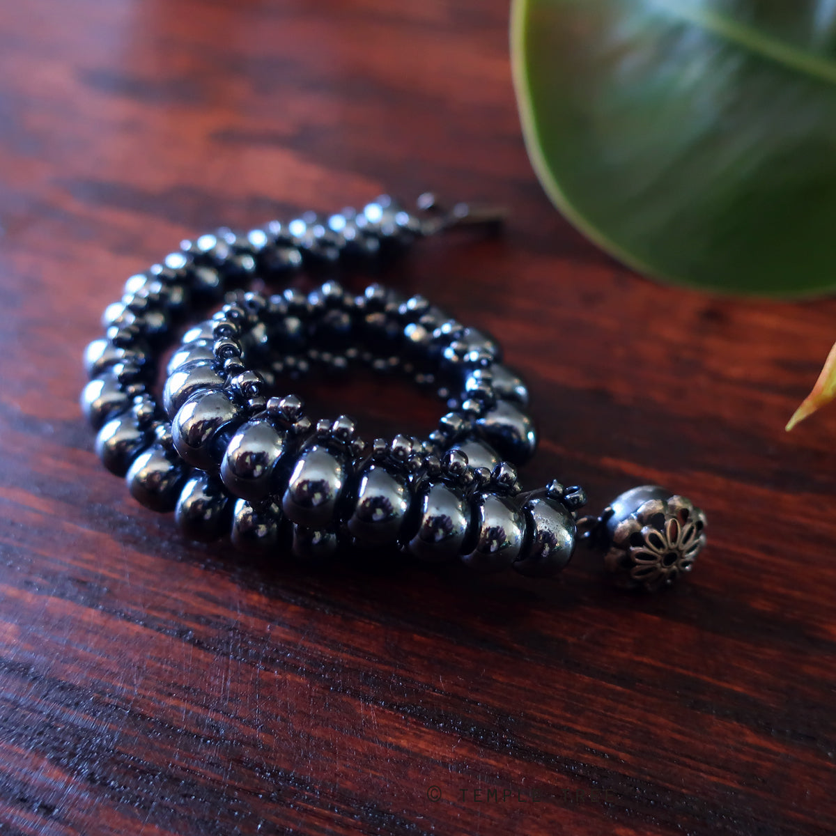 Temple Tree Bohemian Glass Bead Caterpillar Weave Bracelet - Hematite