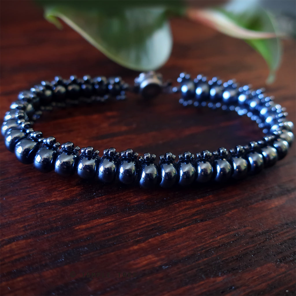 Temple Tree Bohemian Glass Bead Caterpillar Weave Bracelet - Hematite