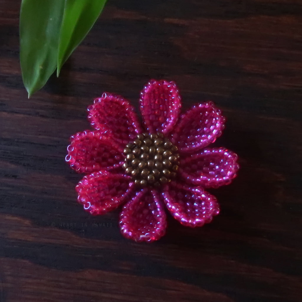 Heart in Hawaii Beaded Cosmos Flower Brooch - Hot Pink