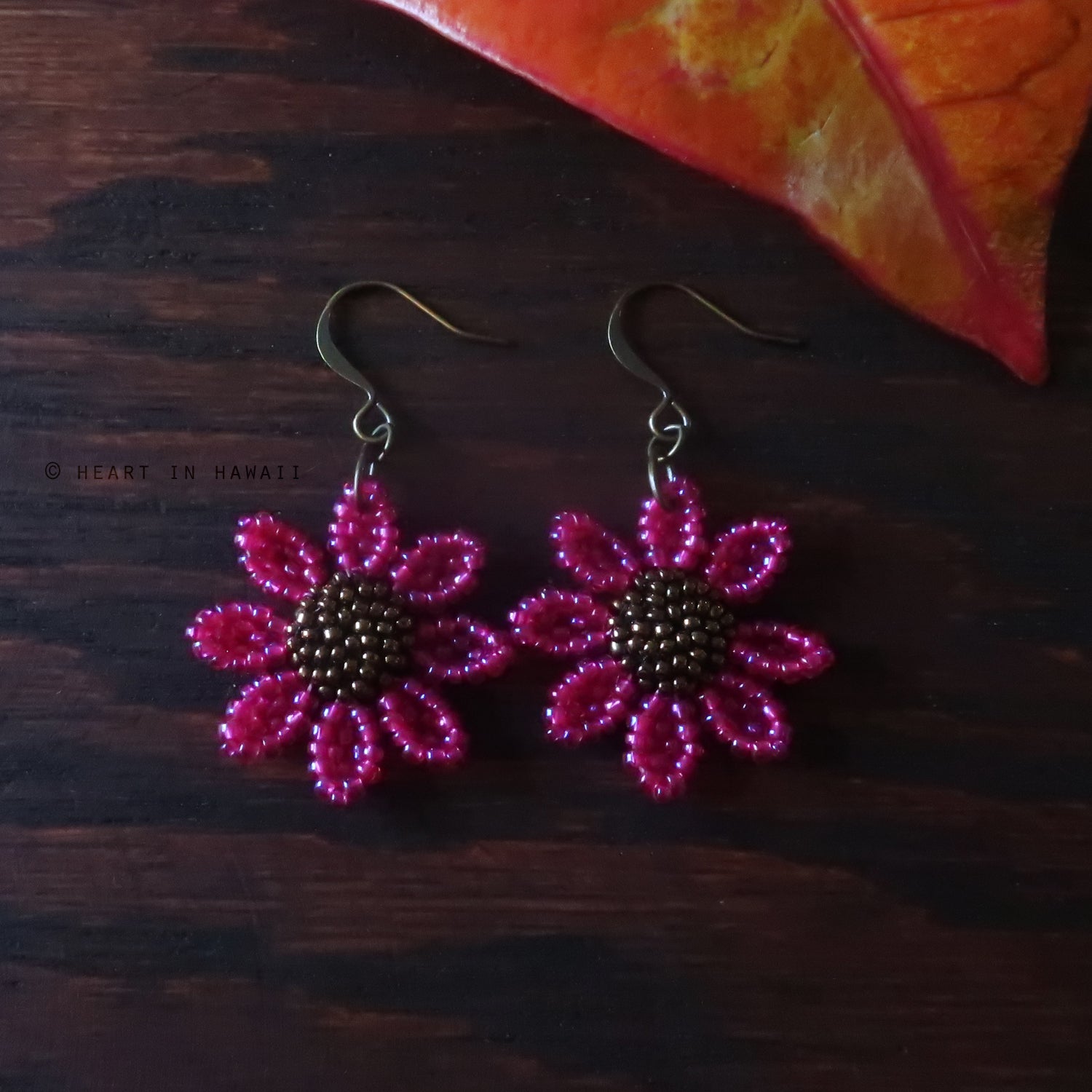 Heart in Hawaii Beaded Cosmos Flower Earrings - Hot Pink and Bronze