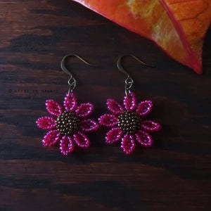 Heart in Hawaii Beaded Cosmos Flower Earrings - Hot Pink and Bronze