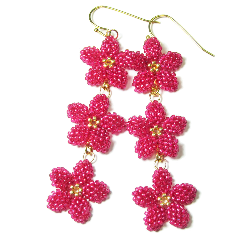 Heart in Hawaii Triple Plumeria Long Dangle Earrings - Ruby Pink and Gold