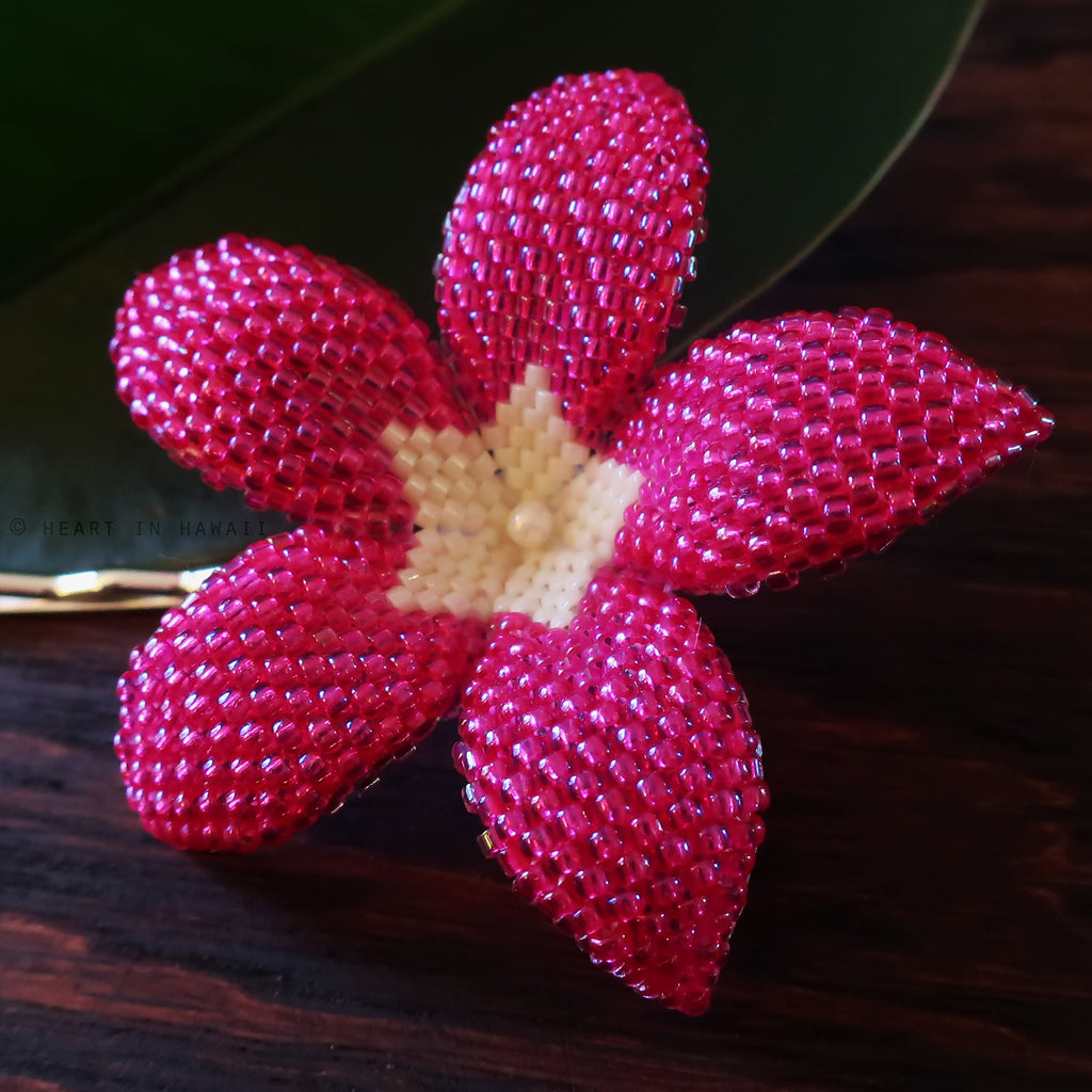 Heart in Hawaii 2.5 Inch Beaded Plumeria Flower - Hot Pink with Ivory