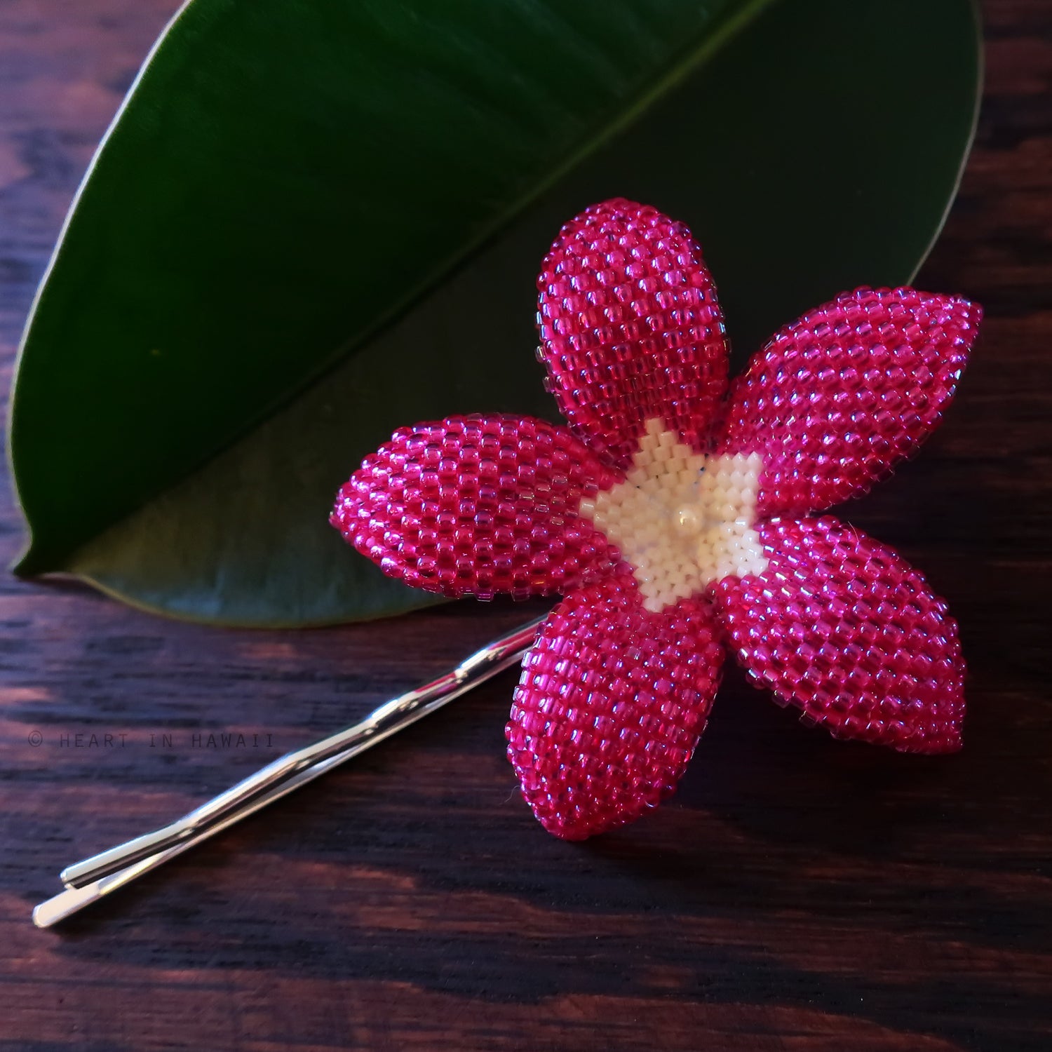 Heart in Hawaii 2.5 Inch Beaded Plumeria Flower - Hot Pink with Ivory