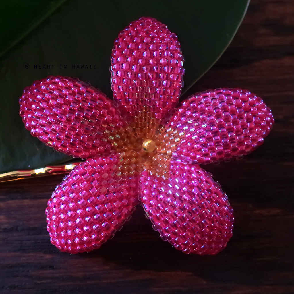 Heart in Hawaii 2.5 Inch Beaded Plumeria Flower - Hot Pink with Topaz