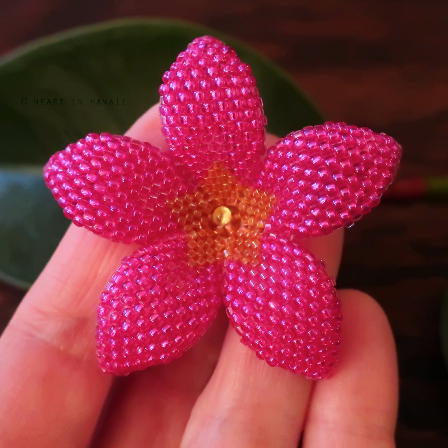 Heart in Hawaii 2 Inch Beaded Plumeria Flower Brooch - Hot pink with Topaz