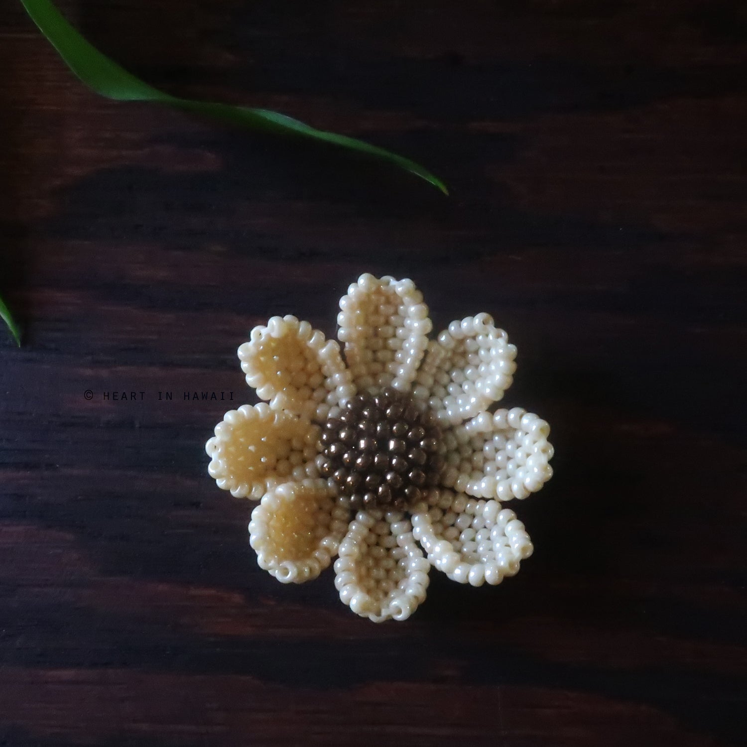 Heart in Hawaii Beaded Cosmos Flower Brooch - Dark Ivory