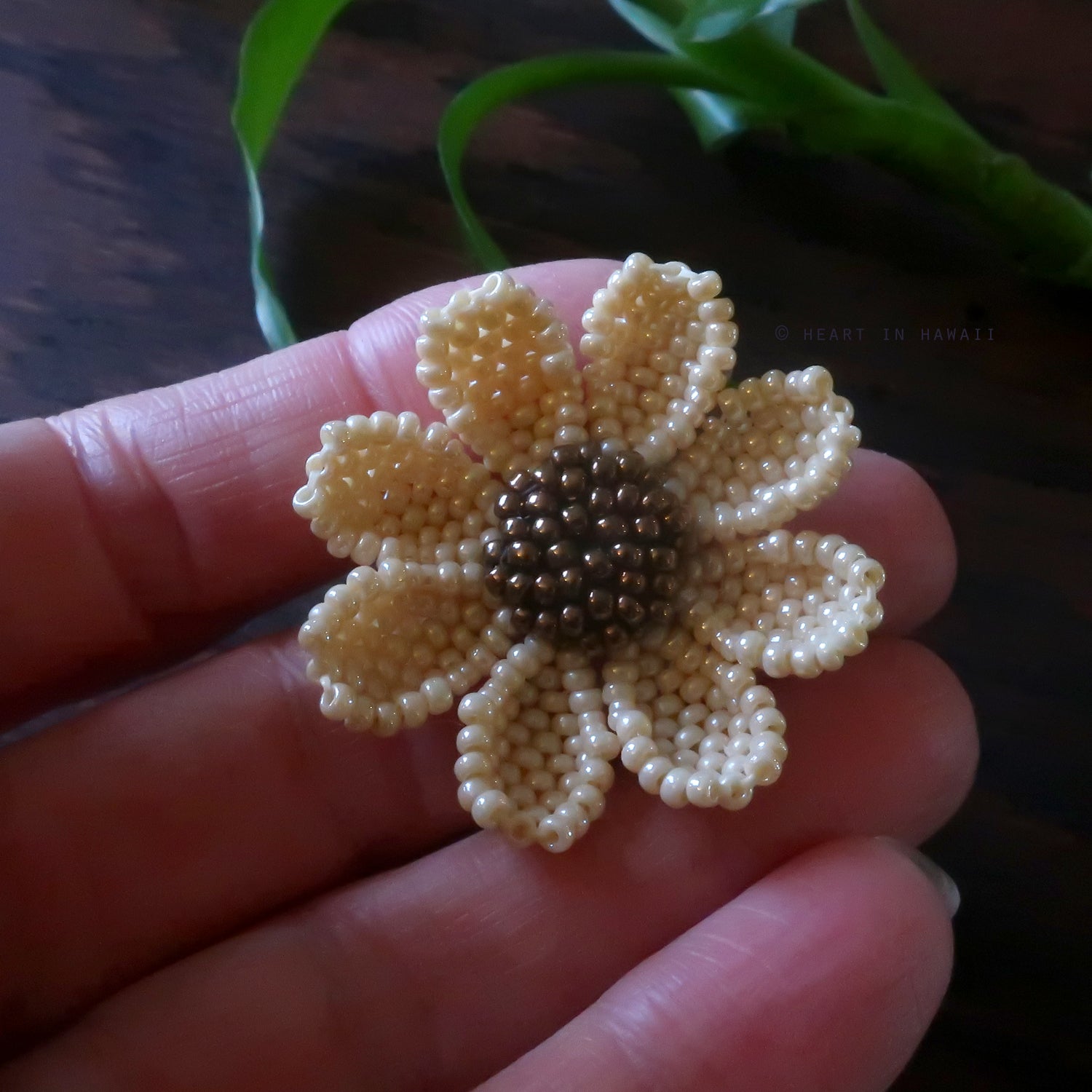 Heart in Hawaii Beaded Cosmos Flower Brooch - Dark Ivory