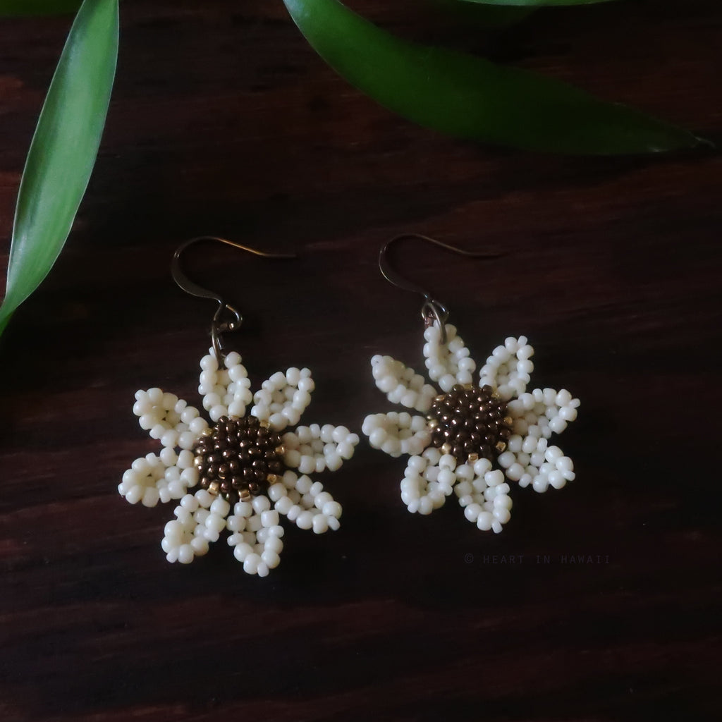 Heart in Hawaii Beaded Cosmos Flower Earrings - Ivory with Bronze