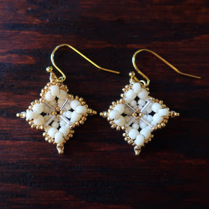 Temple Tree Quatrefoil Mandala Beaded Earrings - Ivory and Gold