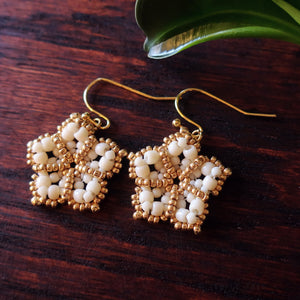 Temple Tree Mandala Flower Beaded Earrings - Ivory and Gold