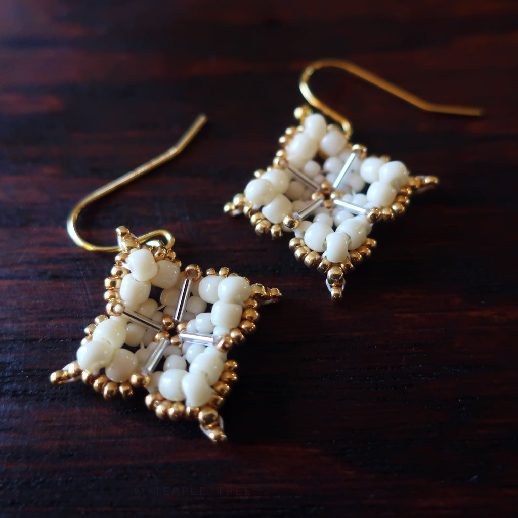Temple Tree Quatrefoil Mandala Beaded Earrings - Ivory and Gold