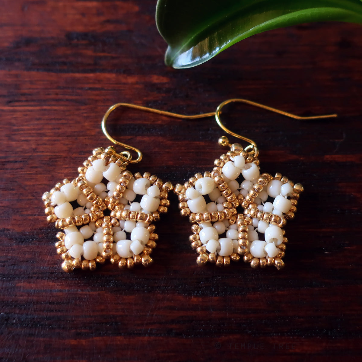 Temple Tree Mandala Flower Beaded Earrings - Ivory and Gold