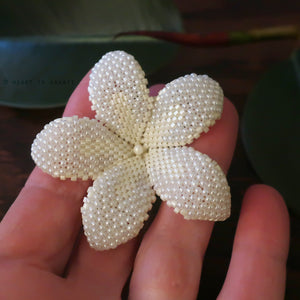 Heart in Hawaii 2 Inch Beaded Plumeria Flower Brooch - Ivory
