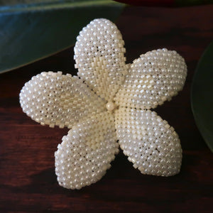 Heart in Hawaii 2 Inch Beaded Plumeria Flower Brooch - Ivory