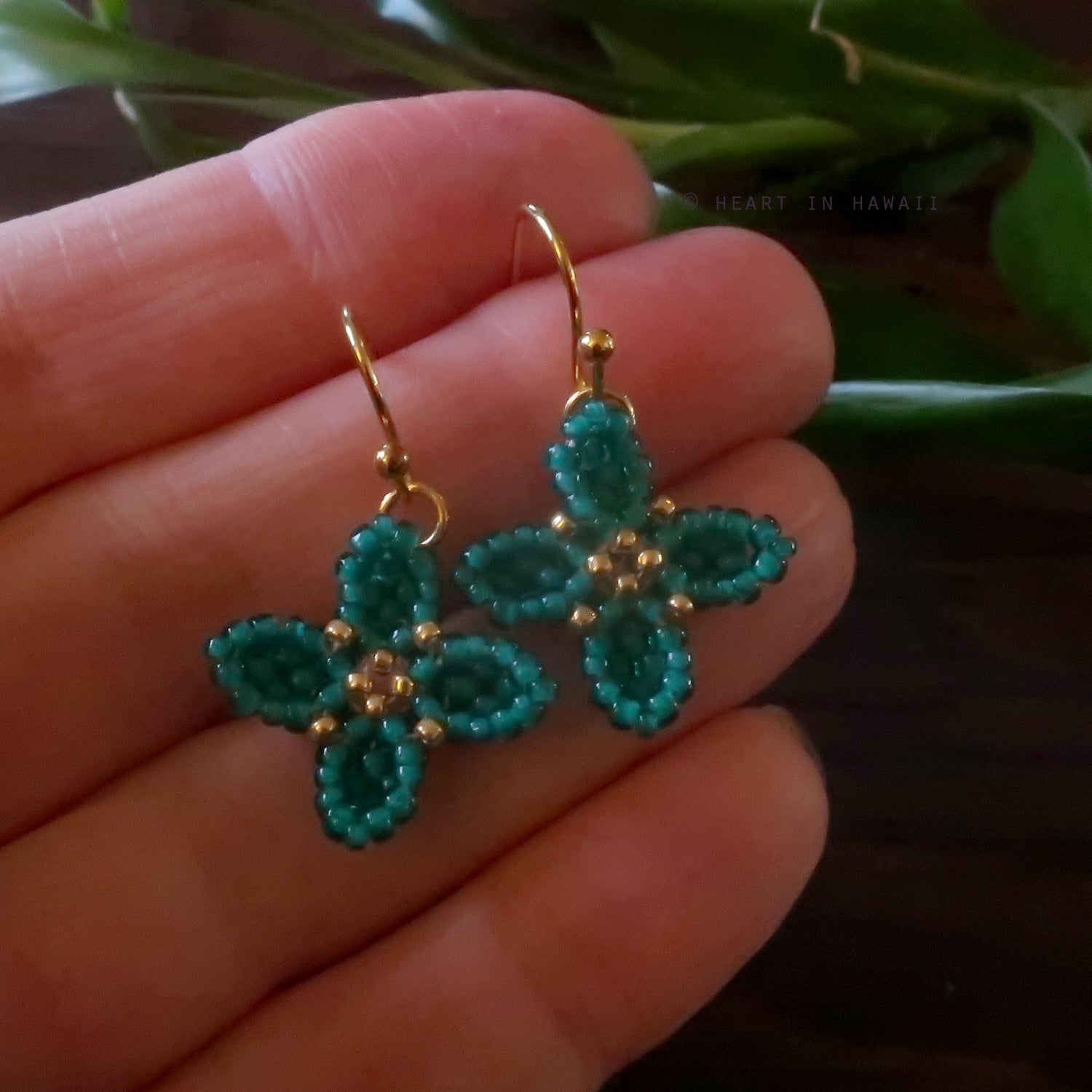 Heart in Hawaii Beaded Quatrefoil Hoops Dangles or Posts - Jungle Green