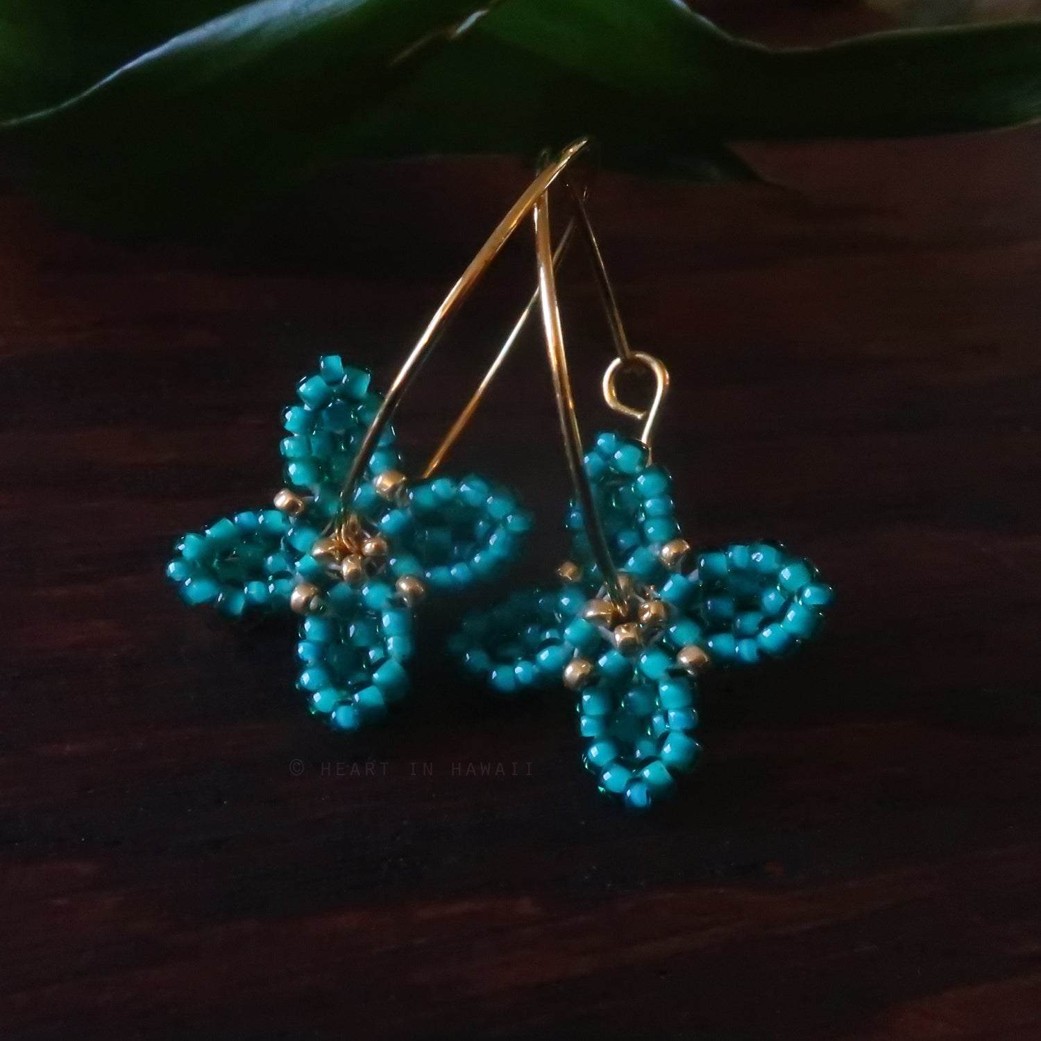 Heart in Hawaii Beaded Quatrefoil Hoops Dangles or Posts - Jungle Green