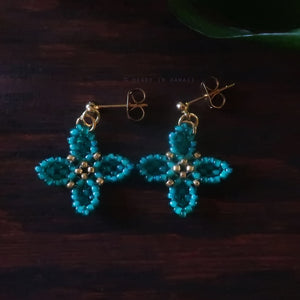 Heart in Hawaii Beaded Quatrefoil Hoops Dangles or Posts - Jungle Green