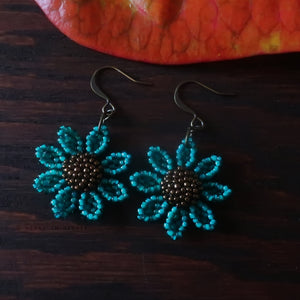 Heart in Hawaii Beaded Cosmos Flower Earrings - Jungle Green and Bronze