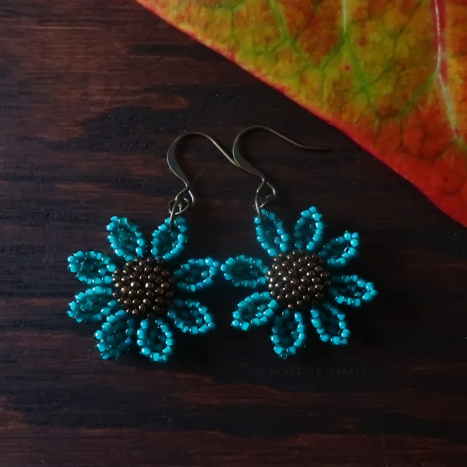 Heart in Hawaii Beaded Cosmos Flower Earrings - Jungle Green and Bronze