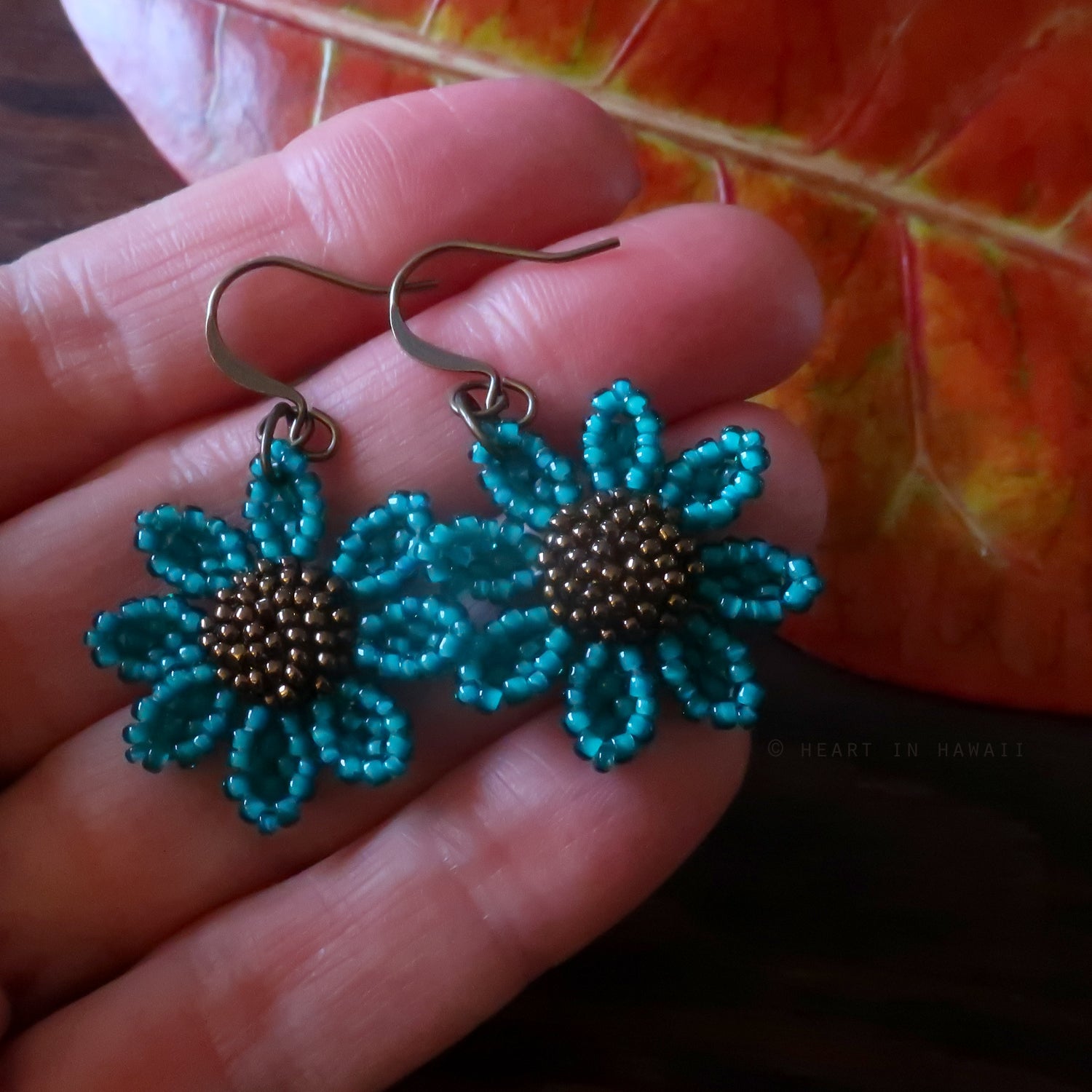 Heart in Hawaii Beaded Cosmos Flower Earrings - Jungle Green and Bronze