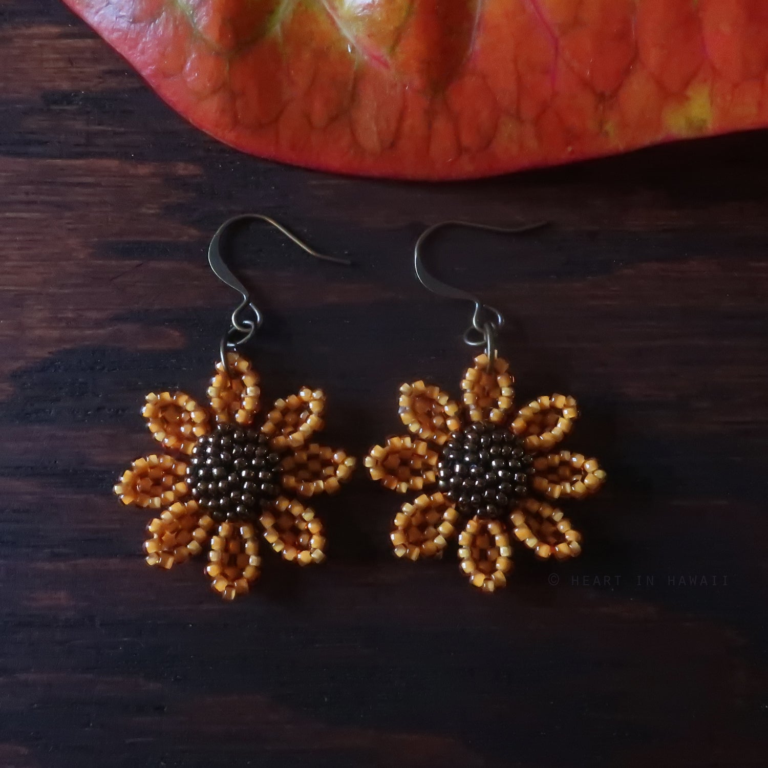 Heart in Hawaii Beaded Cosmos Flower Earrings - Mango and Bronze
