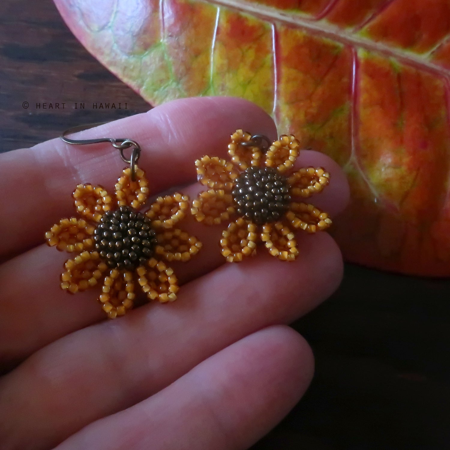 Heart in Hawaii Beaded Cosmos Flower Earrings - Mango and Bronze