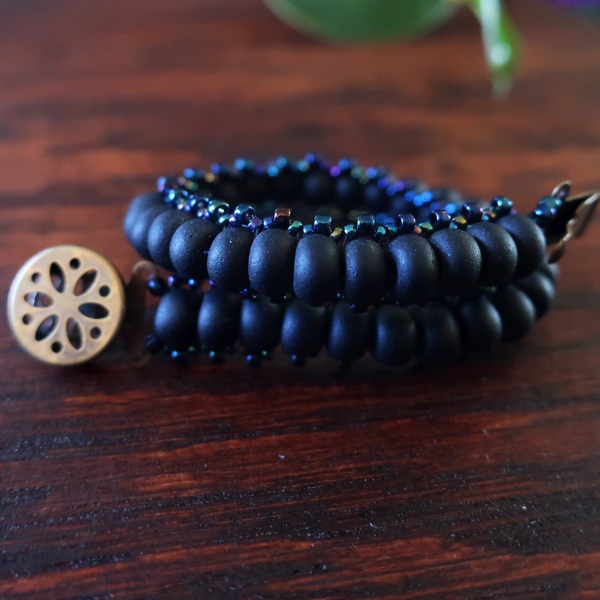 Temple Tree Boho Glass Bead Caterpillar Weave Bracelet - Matte Black and Galactic Blue 