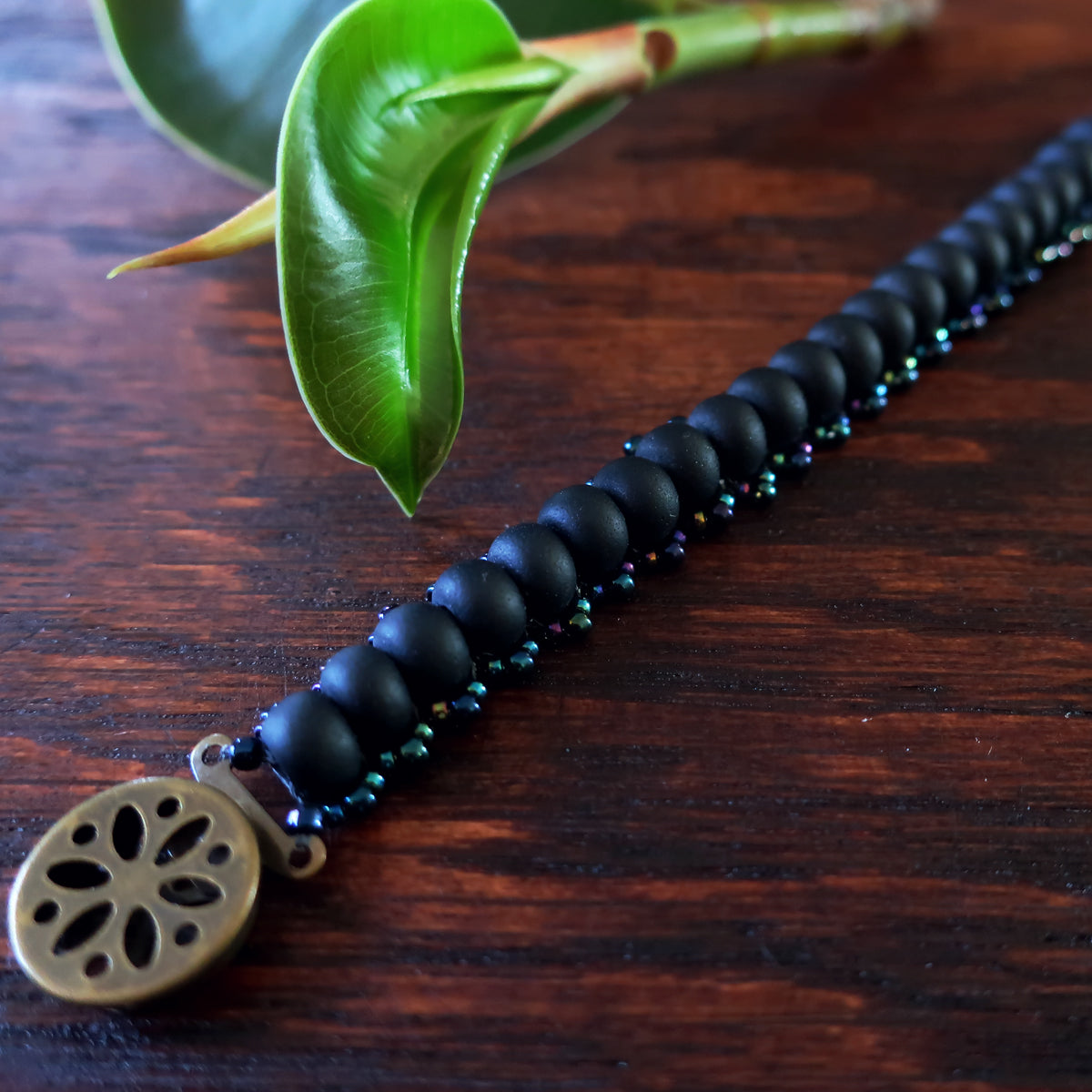 Temple Tree Boho Glass Bead Caterpillar Weave Bracelet - Matte Black and Galactic Blue 