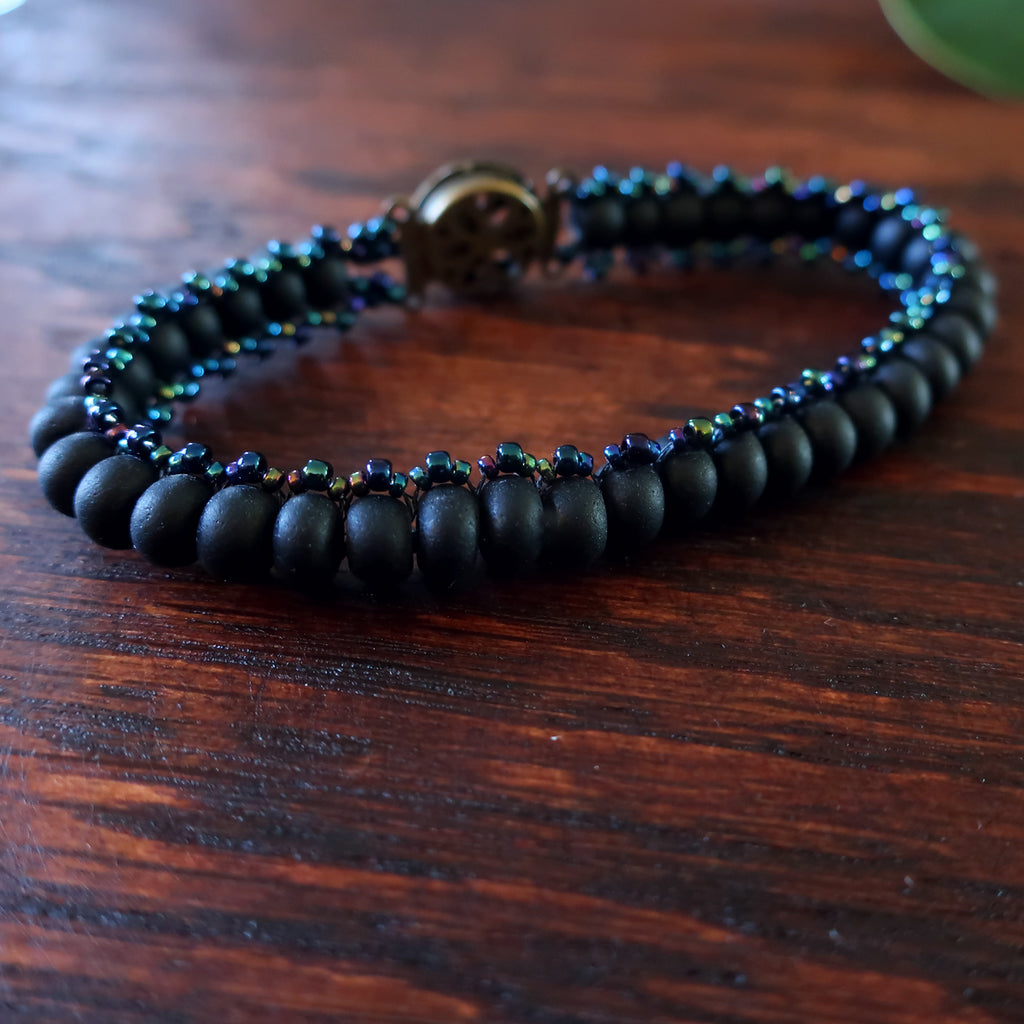 Temple Tree Boho Glass Bead Caterpillar Weave Bracelet - Matte Black and Galactic Blue