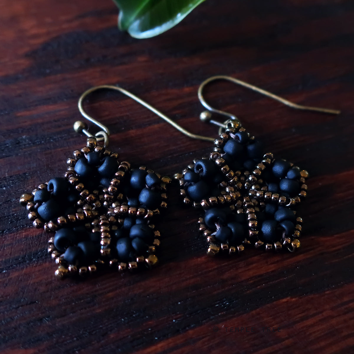 Temple Tree Mandala Flower Beaded Earrings - Matte Black and Bronze