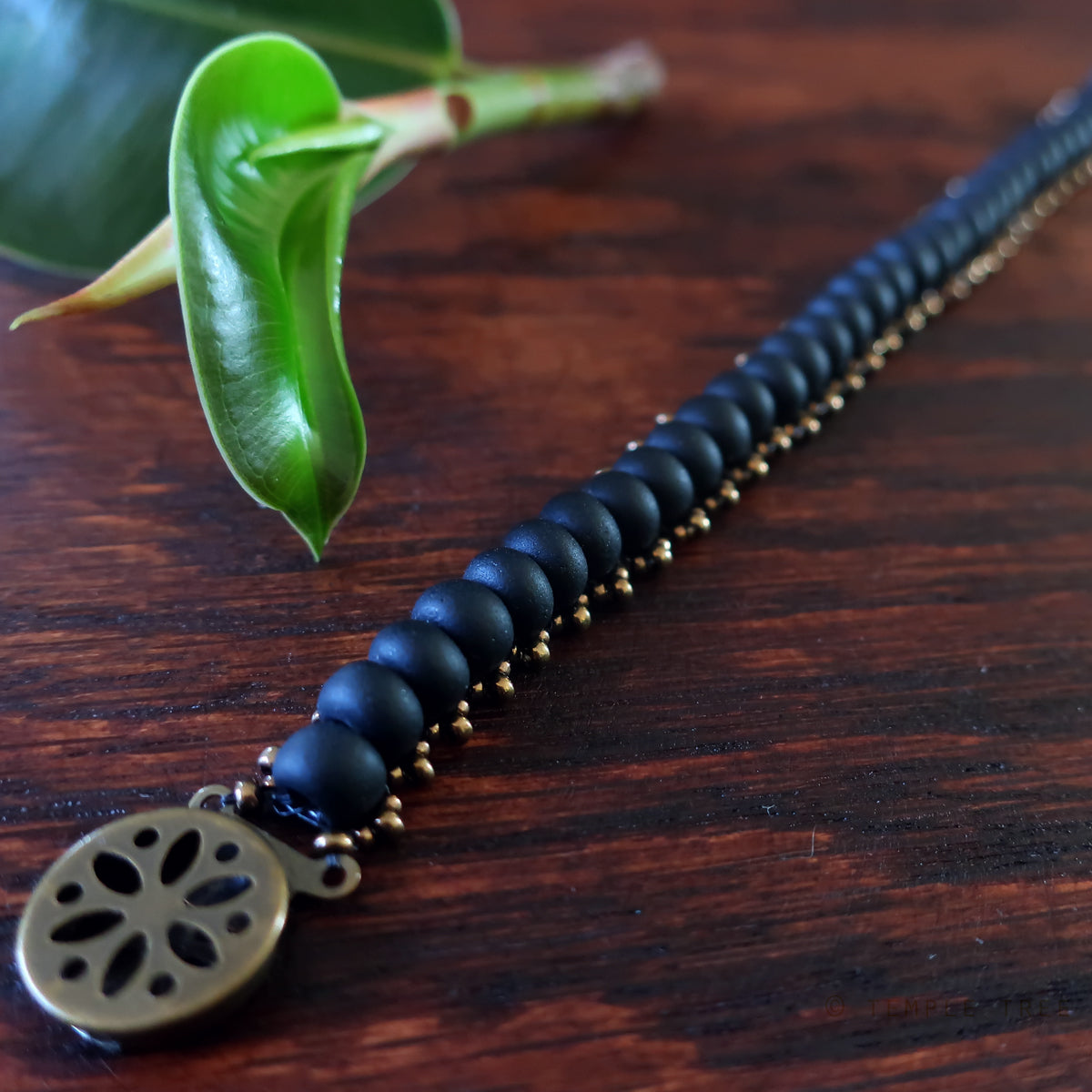 Temple Tree Boho Glass Bead Caterpillar Weave Bracelet - Matte Black and Bronze