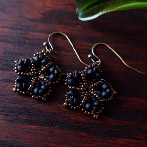 Temple Tree Mandala Flower Beaded Earrings - Matte Black and Bronze