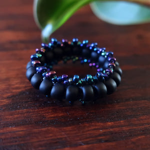 Temple Tree Boho Glass Bead Thumb Ring - Matte Black and Galactic Blue