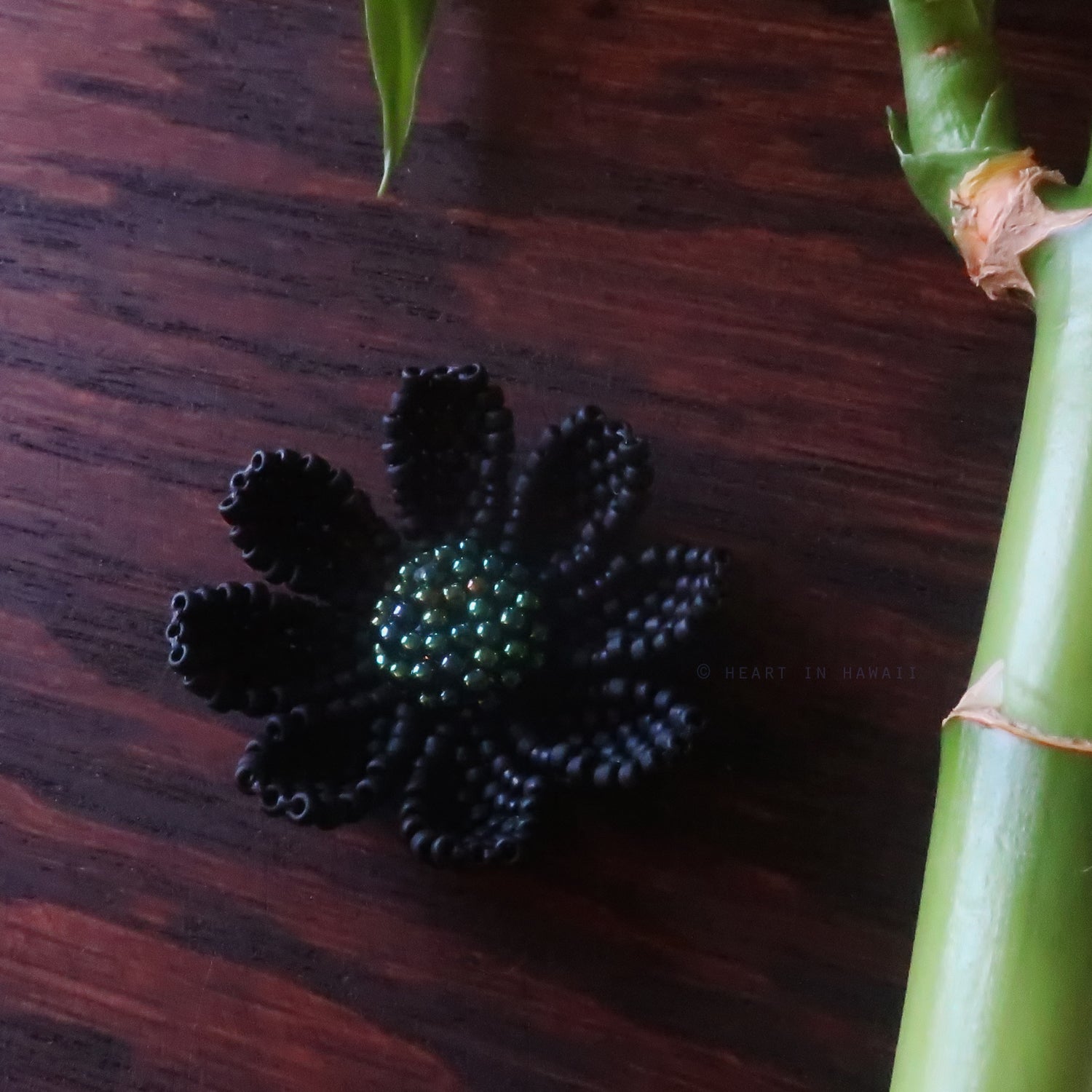 Heart in Hawaii Beaded Cosmos Flower Brooch - Matte Black and Galactic Green
