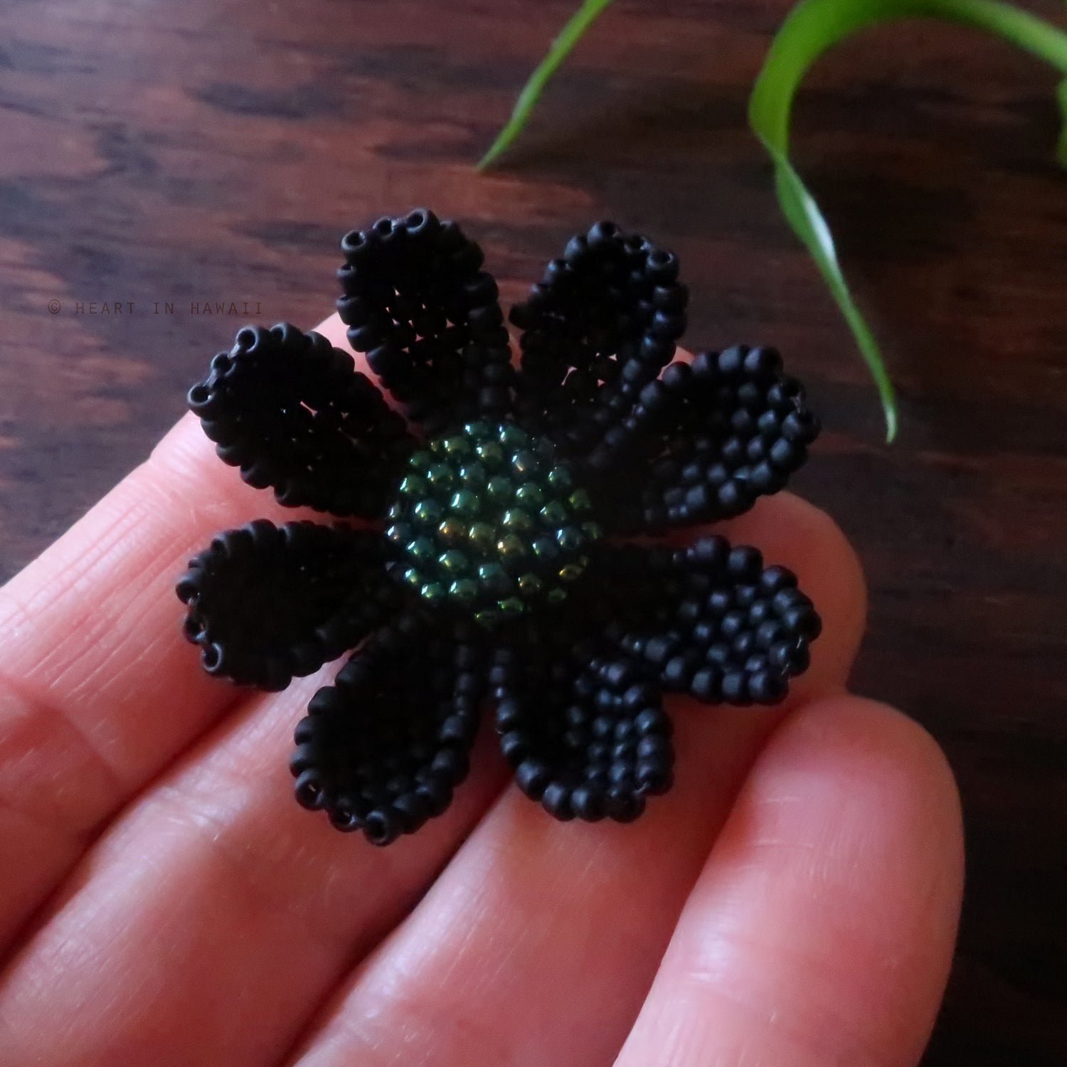Heart in Hawaii Beaded Cosmos Flower Brooch - Matte Black and Galactic Green