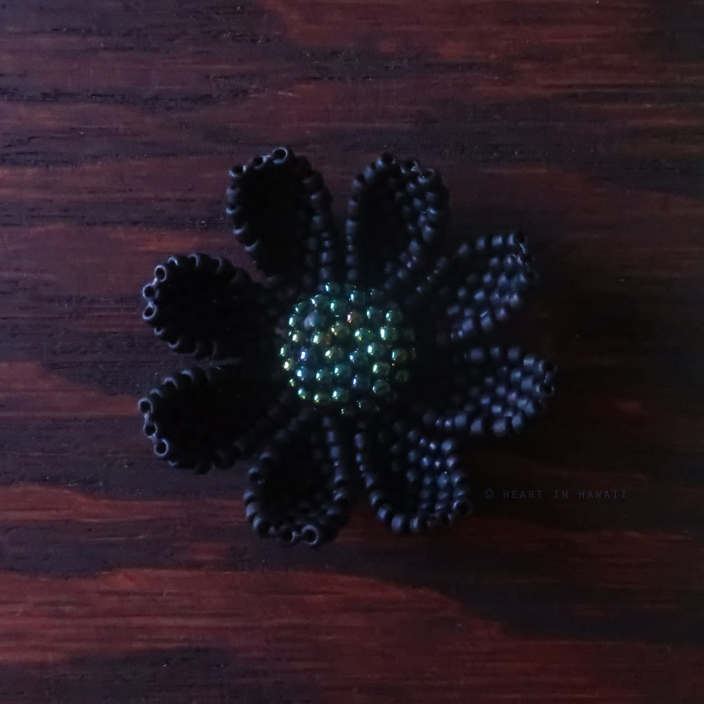 Heart in Hawaii Beaded Cosmos Flower Brooch - Matte Black and Galactic Green