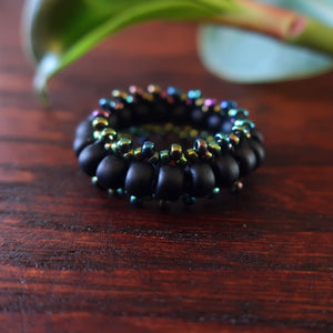 Temple Tree Boho Glass Bead Thumb Ring - Matte Black and Galactic Green