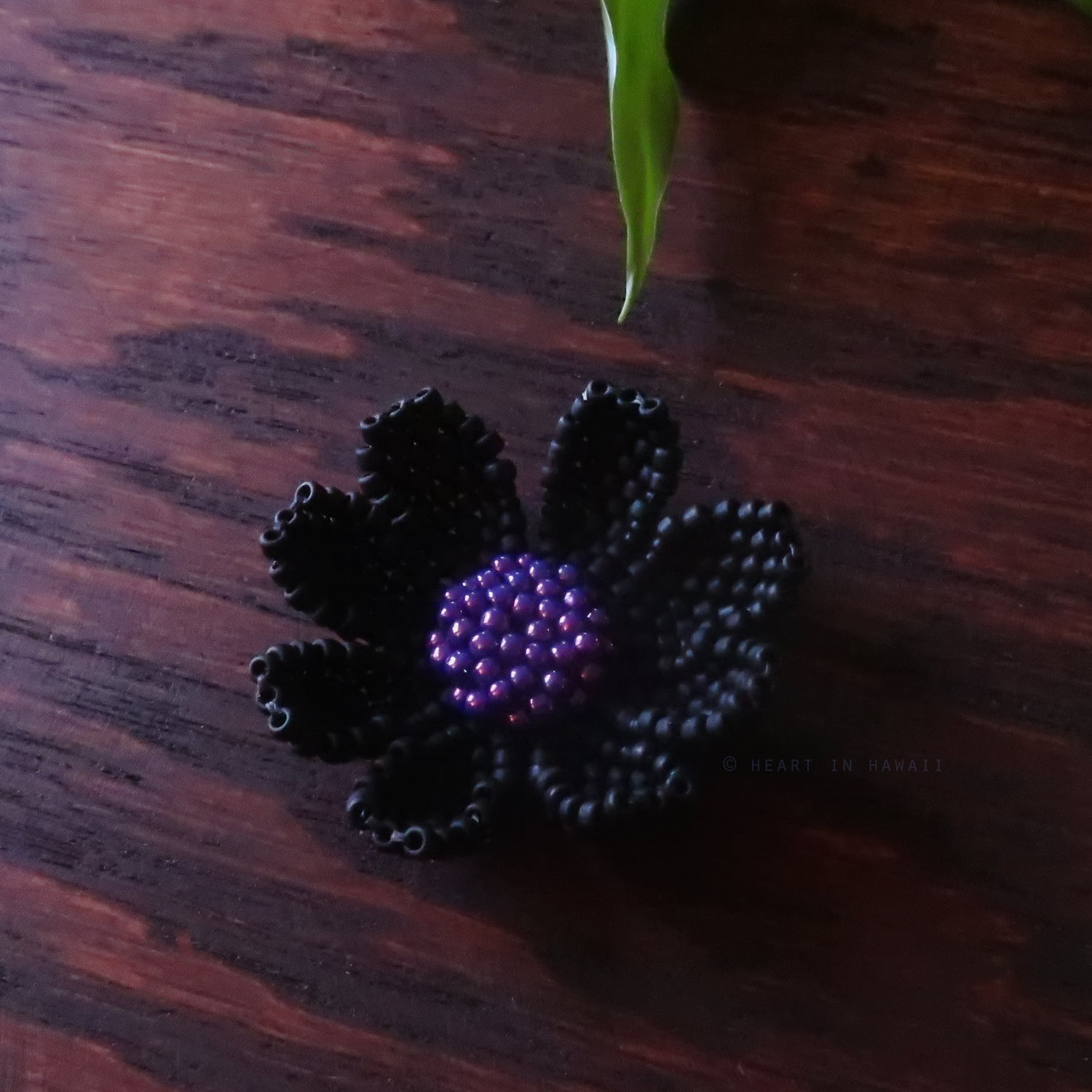 Heart in Hawaii Beaded Cosmos Flower Brooch - Matte Black and Galactic Purple