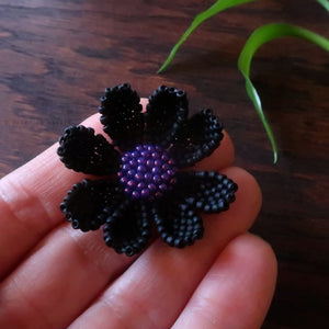 Heart in Hawaii Beaded Cosmos Flower Brooch - Matte Black and Galactic Purple