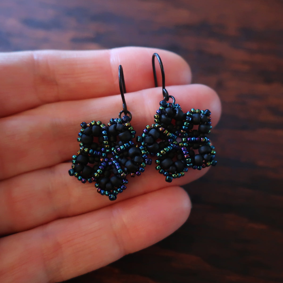 Temple Tree Mandala Flower Beaded Earrings - Matte Black with Galactic Blue