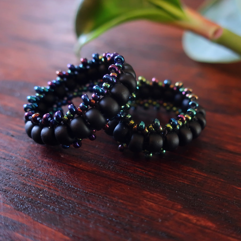 Temple Tree Boho Glass Bead Thumb Ring - Matte Black and Galactic Blue and Green
