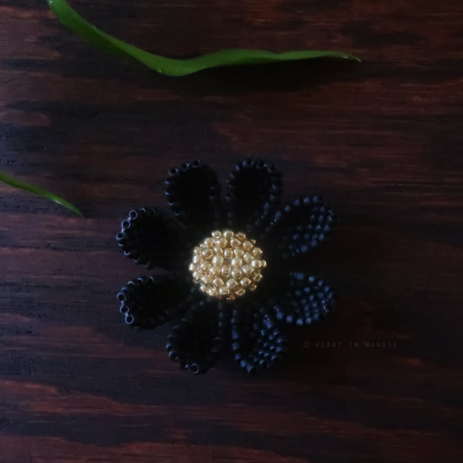 Heart in Hawaii Beaded Cosmos Flower Brooch - Matte Black and Gold