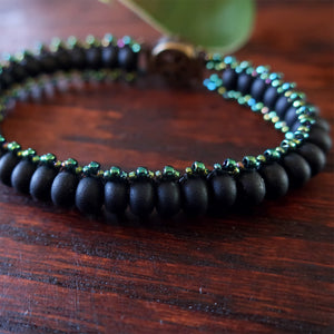 Temple Tree Boho Glass Bead Caterpillar Weave Bracelet - Matte Black and Galactic Green