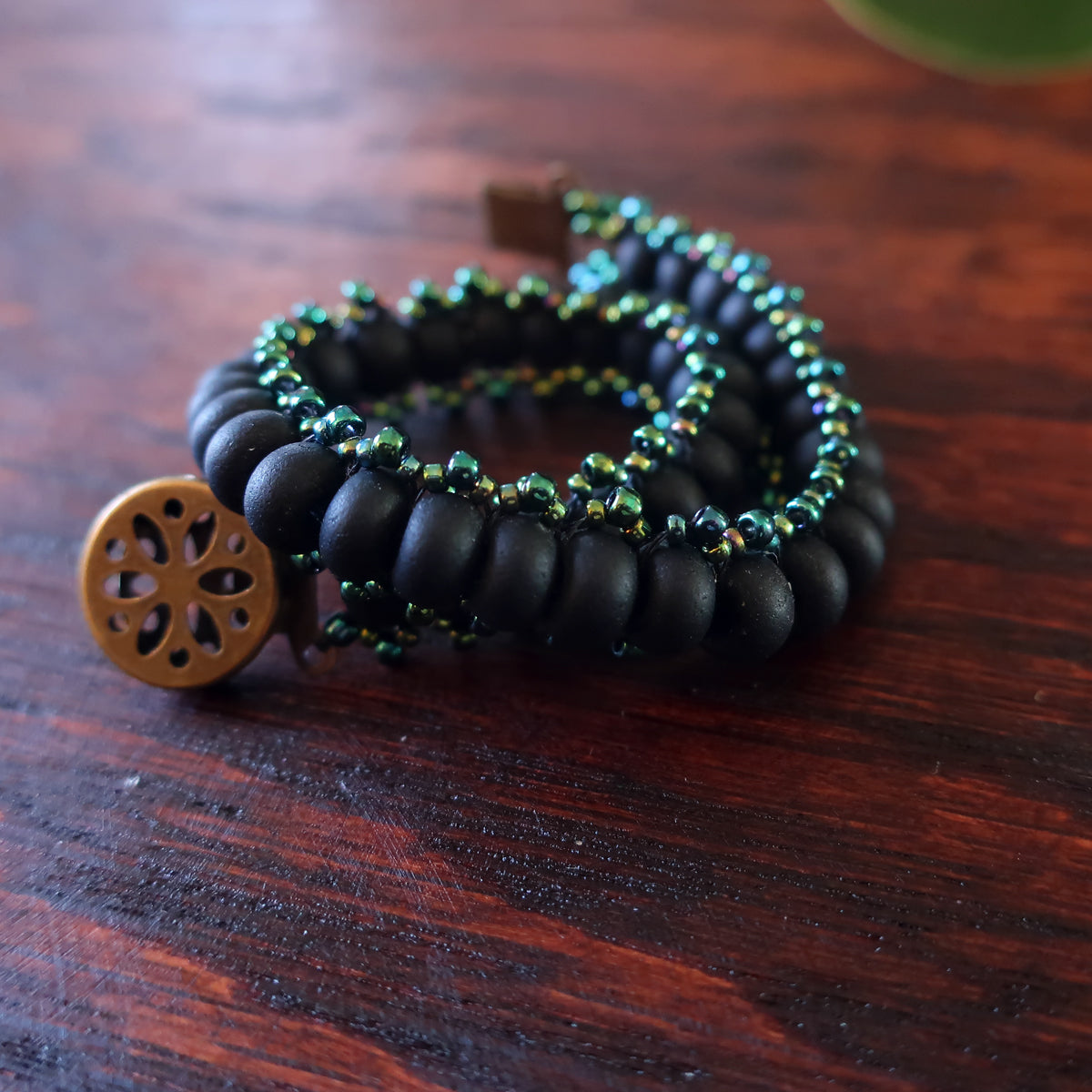Temple Tree Boho Glass Bead Caterpillar Weave Bracelet - Matte Black and Galactic Green