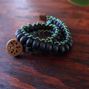 Temple Tree Boho Glass Bead Caterpillar Weave Bracelet - Matte Black and Galactic Green